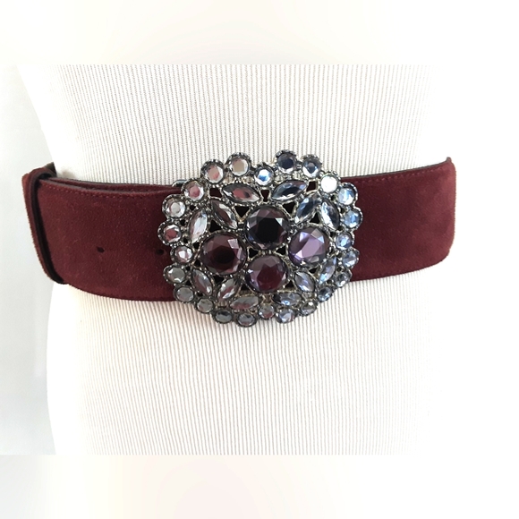 Abaco Accessories - ABACO Paris Crystal Buckle Burgundy Suede Belt Made in France Sz L - Vtg
